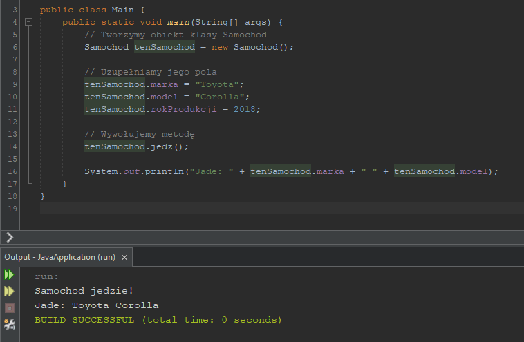 Przykład tworzenia obiektów w Javie.