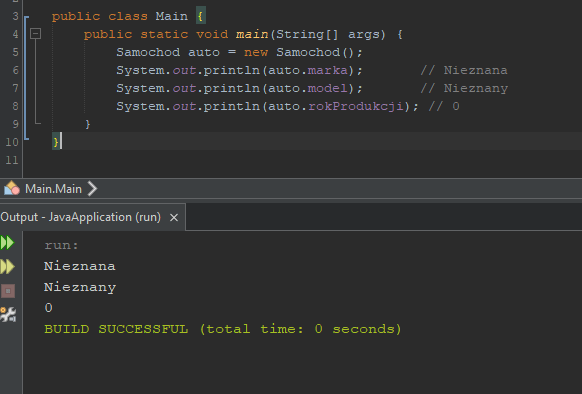 Przykład wywołania konstruktora domyślnego w Javie.