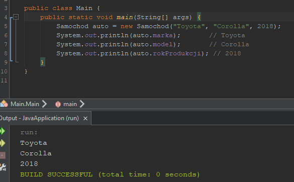 Przykład wywołania konstruktora z parametrami w Javie.