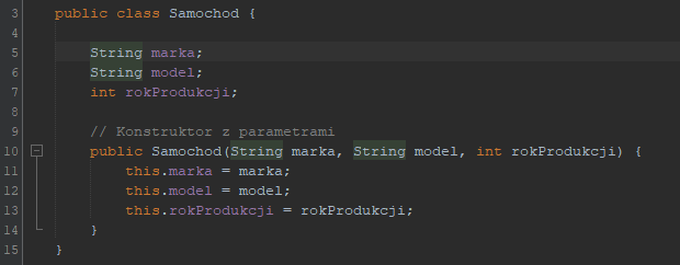 Przykład tworzenia konstruktora z parametrami w Javie.