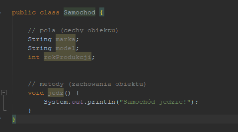 Przykład klasy w Javie.